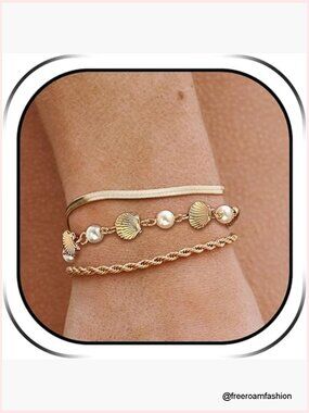 Gold Shell Starfish Pearl Beaded Bracelet Stack Boho Beach Jewelry
